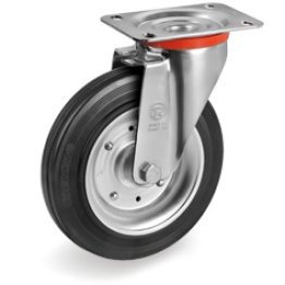 200mm Standard Rubber Wheels, pressed steel discs, swivel top plate bracket type NL,535006