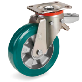 125mm TR-ROLL Polyurethane Wheels, Aluminium centre, Swivel top plate bracket type P with rear brake 627203