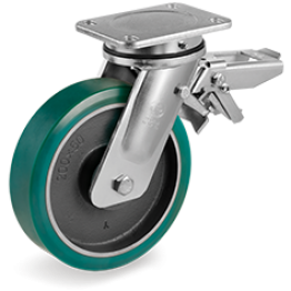  200mm TR-Roll Polyurethane Wheels, cast Iron centre, swivel top plate bracket EE MHD, rear adjustable brake 628616