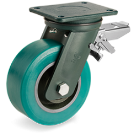 250mm TR-Roll Polyurethane Wheels, cast Iron centre, swivel top plate bracket EE HD, rear adjustable brake 628908